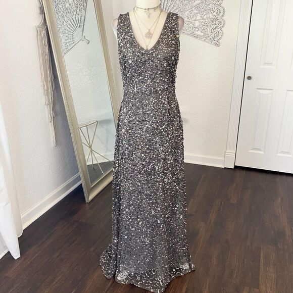 Adrianna Papell V-Neck Sequin Crunchy A-Line Gown in Lead - Picture 2 of 8